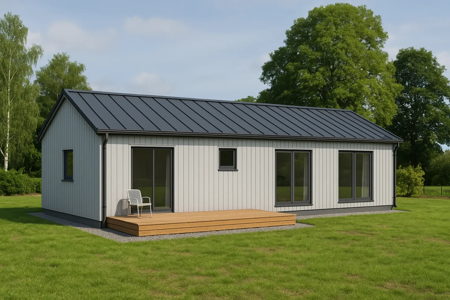 WoodHC Liepa modeļa 3D vizualizācija — koka karkasa māja ar divslīpu jumtu un terasi